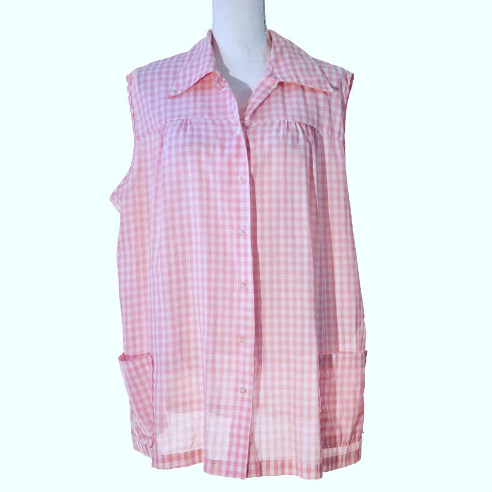 Vintage 1970s Sears Gingham Sleeveless Painter's Smock-Style Button-Front Blouse